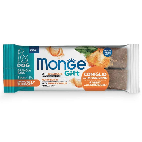 Monge Barritas de Granola Immunity Support para perros adultos, con conejo y mandarina, 120 g