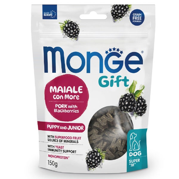 Monge Snack Super M para el crecimiento, chips para cachorros y perros jóvenes, cerdo con moras, 150 g