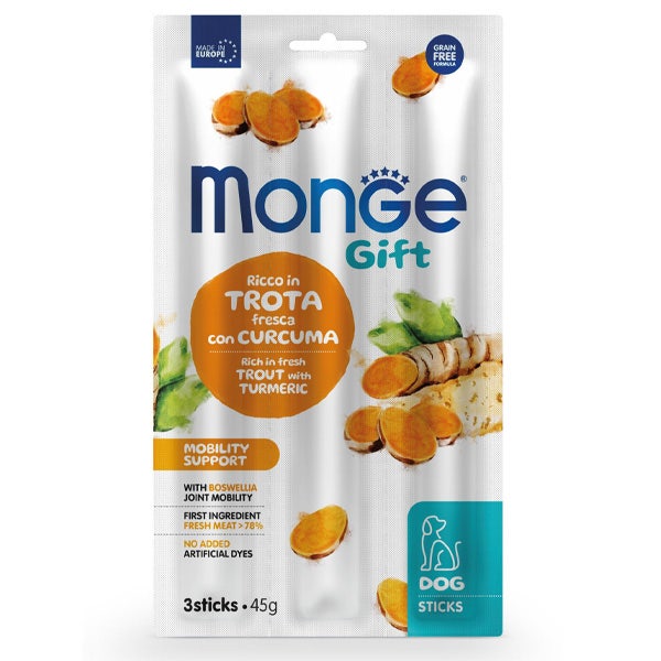 Monge Sticks Mobility Support para perros adultos, trucha fresca con cúrcuma, 45 g