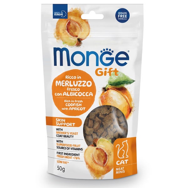 Monge Meat Minis Skin Support Snacks Per Gatti Merluzzo Fresco Con Albicocca 50g