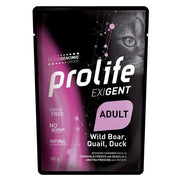 Prolife Exigent Jabalí, Codorniz y Pato Frescos con Patatas, Comida Húmeda para Gatos Adultos, Bolsa de 85 g