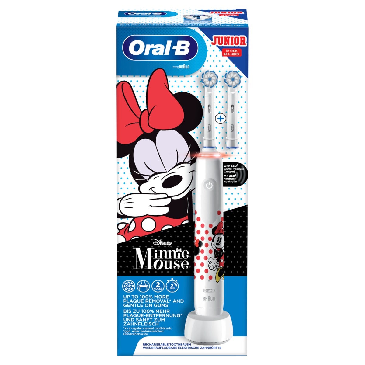 Oral-B Spazzolino Elettrico Ricaricabile Junior Minnie +6 Anni, 2 Testine, 1 Spazzolino
