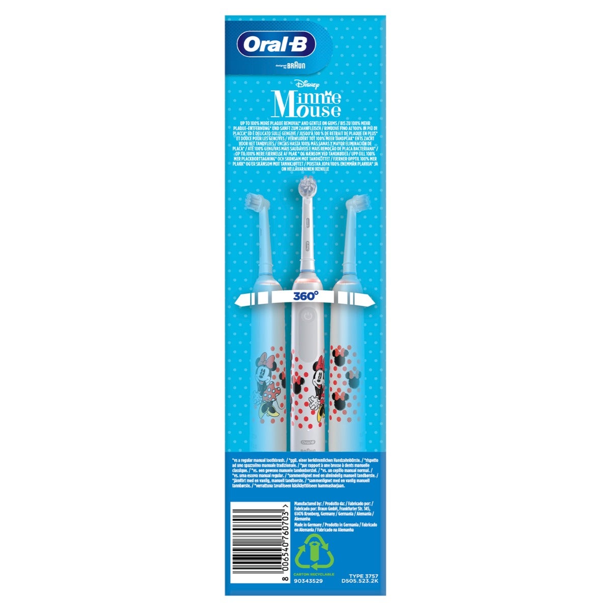 Oral-B Spazzolino Elettrico Ricaricabile Junior Minnie +6 Anni, 2 Testine, 1 Spazzolino