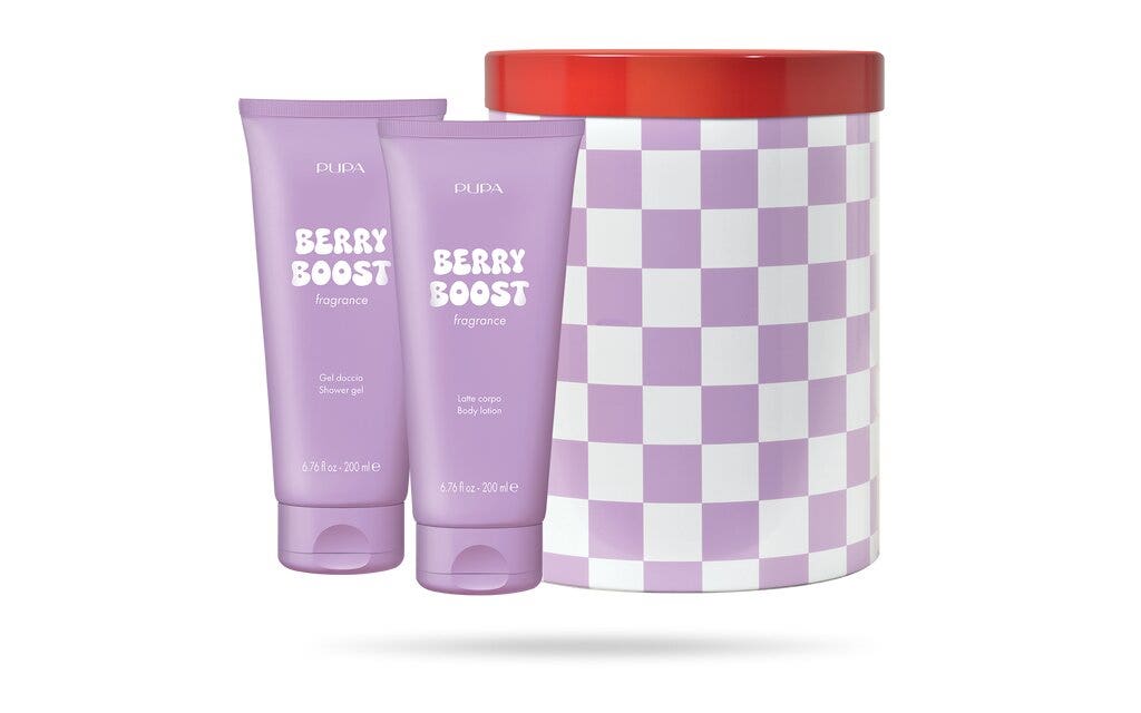 Pupa Happy Box Kit Berry Boost Gel de ducha exfoliante 200 ml + Leche corporal 200 ml