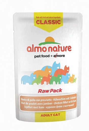 Almo Nature HFC Raw Pack Comida Húmeda Filete de Pollo y Jamón Gatos Adultos Sobre 55g-1