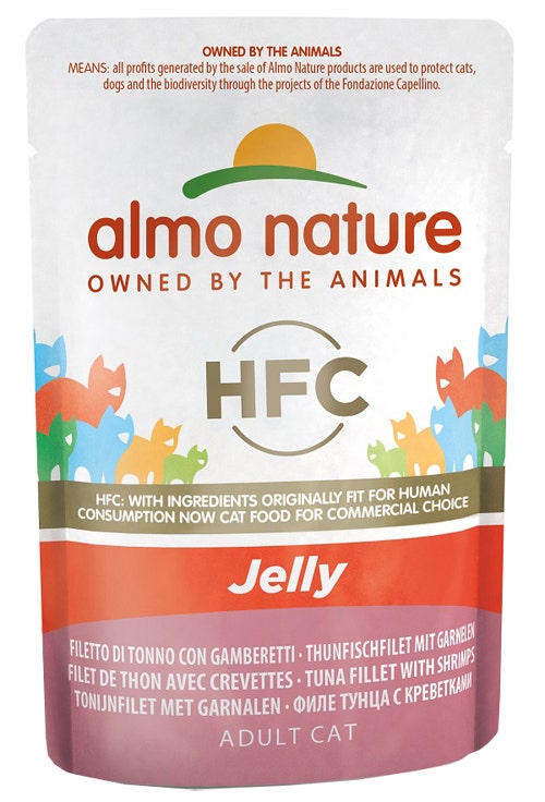 Almo Nature HFC Gelatina Filete de Atún y Gambas Comida Húmeda para Gatos Adultos Bolsa 55g-1