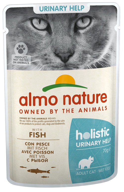 Alimento húmedo de apoyo urinario holístico de Almo Nature con pescado para gatos adultos bolsita de 70 g-1