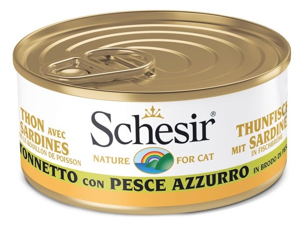 Schesir Atún con Pescado Azul en Caldo de Pescado Comida Húmeda para Gatos Adultos Lata 70g-1