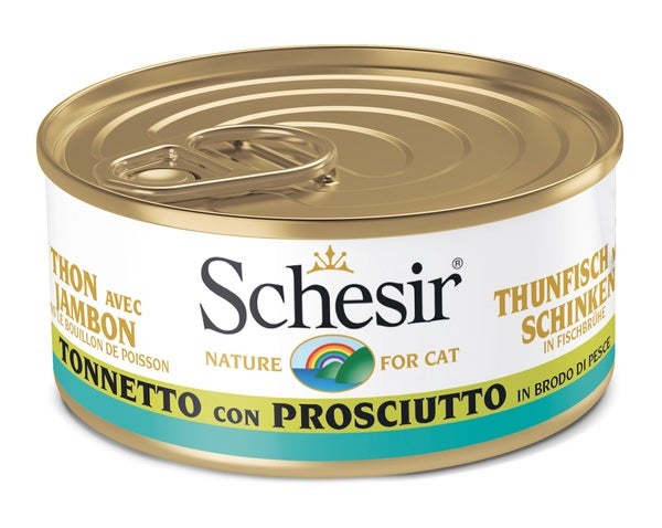 Schesir Atún con Jamón en Caldo de Pescado Comida Húmeda para Gatos Adultos Lata 70g-1