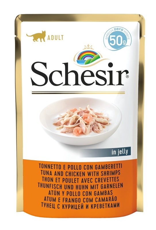 Schesir Comida Húmeda Para Gatos Adultos Atún Y Pollo Con Gambas Sobre 50g-1