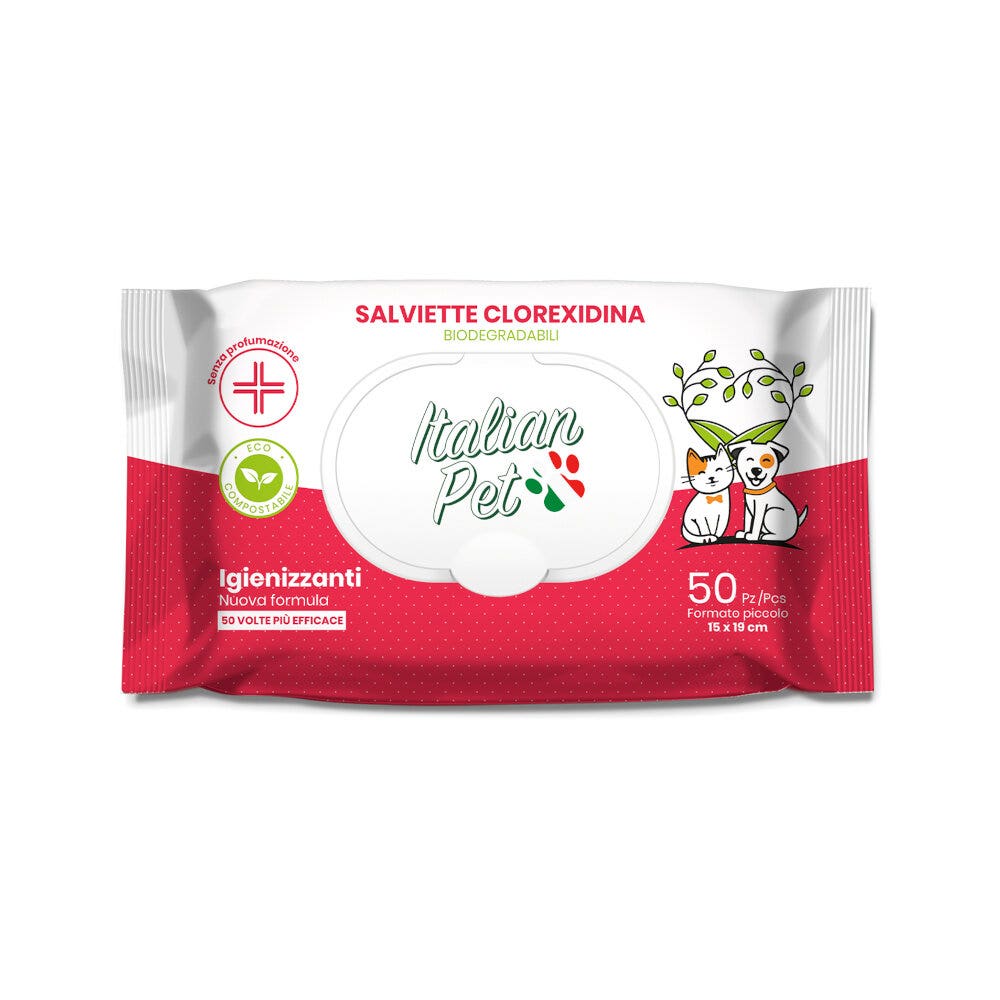 Italian Pet Salviettine Biodegradabili Clorexidina Per Cani/Gatti 15x19cm 50 Pezzi