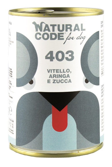 Natural Code 403 Comida Húmeda Con Ternera/Arenque/Calabaza Para Perros Adultos Tarro 400g-1