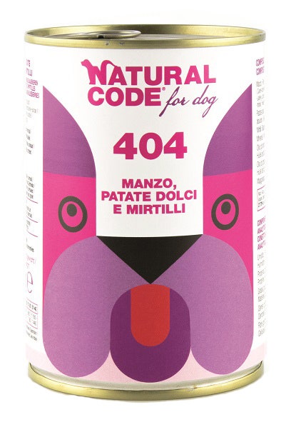 Natural Code 404 Comida Húmeda con Carne de Vacuno/Boniatos/Arándanos para Perros Adultos Tarro 400g-1