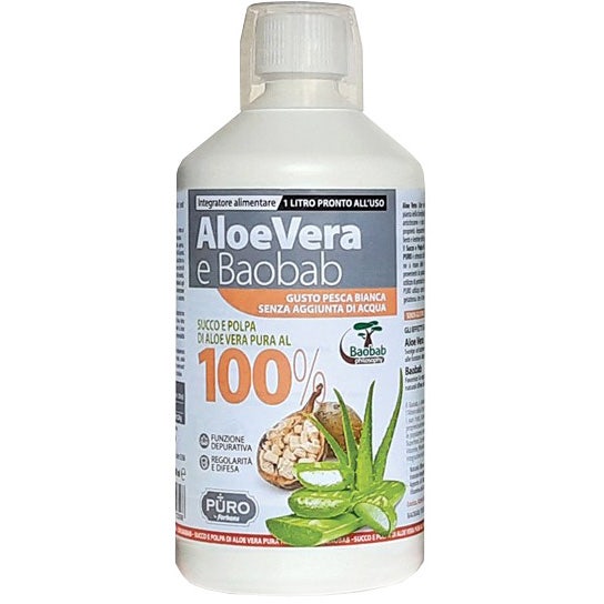 Forhans Aloe puro, jugo y pulpa 100 % + baobab y melocotón blanco, 1 litro