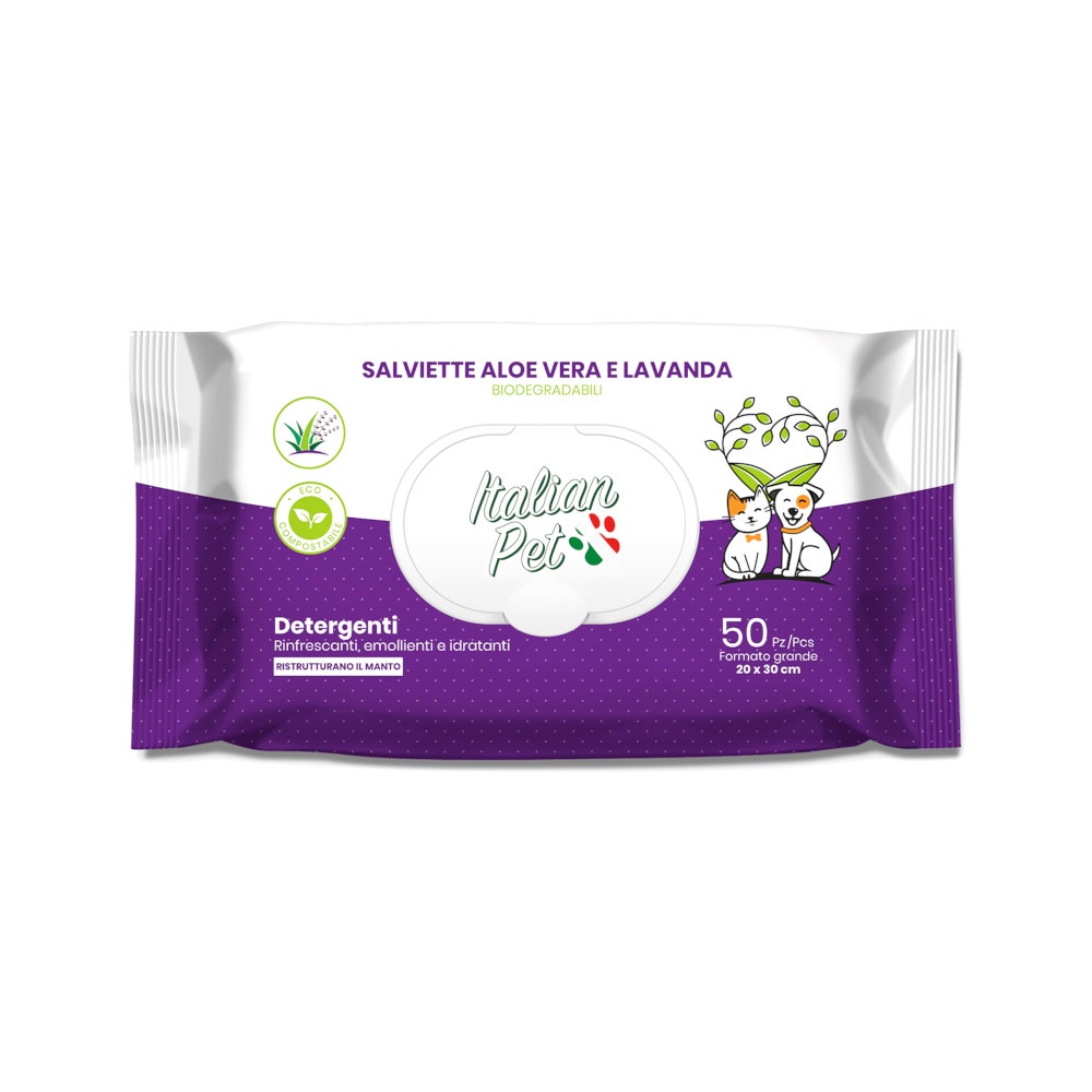 Italian Pet Salviettine Biodegradabili Aloe Vera/Lavanda Per Cani/Gatti 20x30cm 50 Pezzi
