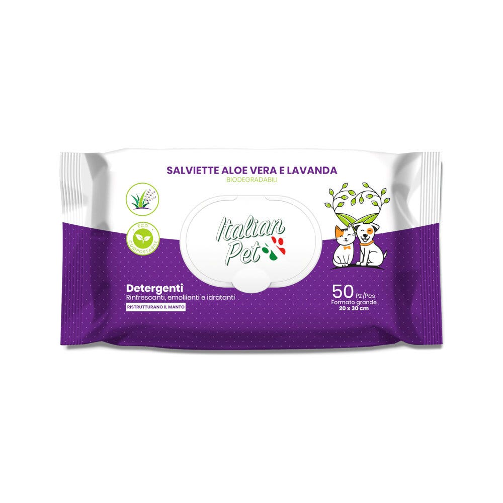 Italian Pet Salviettine Biodegradabili Aloe Vera/Lavanda Per Cani/Gatti 20x30cm 50 Pezzi