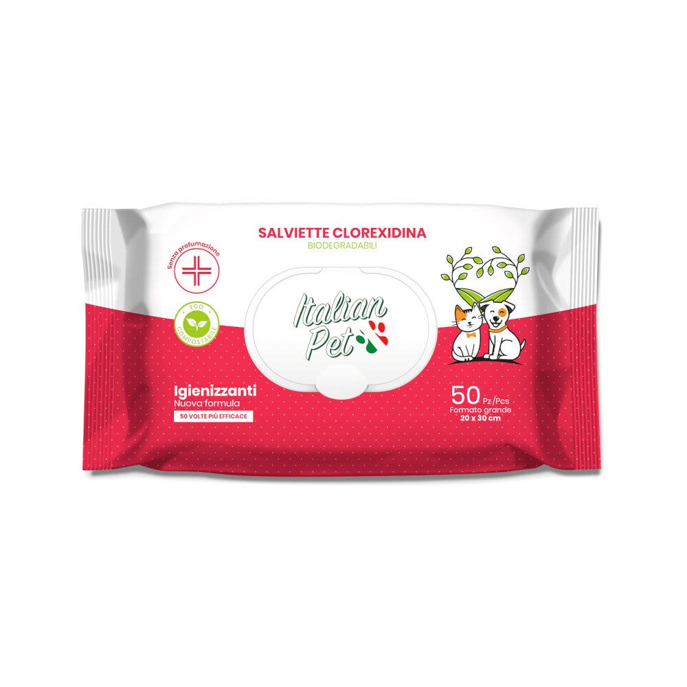 Italian Pet Salviettine Biodegradabili Clorexidina Per Cani/Gatti 20x30cm 50 Pezzi