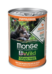 Monge B Wild Grain Free All Breeds con pato, calabaza y calabacín, comida húmeda para cachorros, lata de 400 g