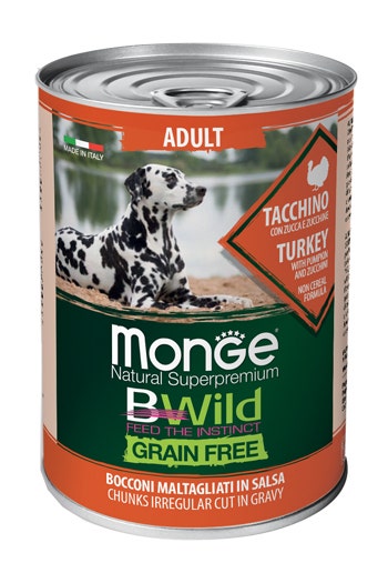 Monge B Wild Grain Free All Breeds con pavo, calabaza y calabacín, comida húmeda para perros adultos, 400 g