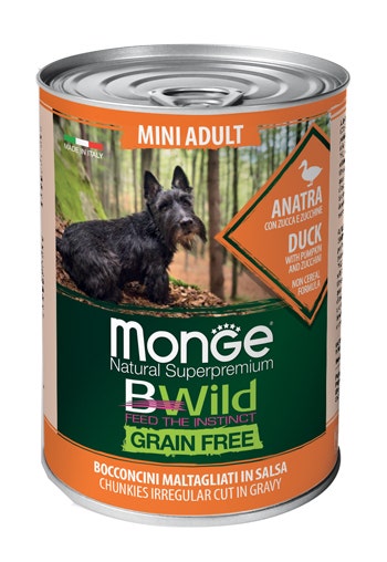 Monge B Wild Grain Free Adult con pato, calabaza y calabacín, comida húmeda para perros de raza pequeña, lata de 400 g