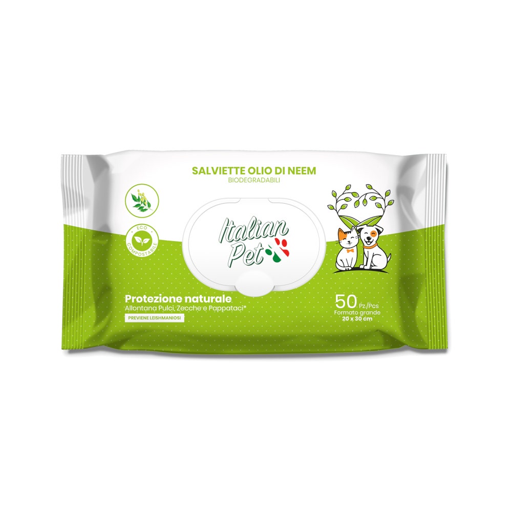 Italian Pet Salviettine Biodegradabili Olio Di Neem Per Cani/Gatti 20x30cm 50 Pezzi