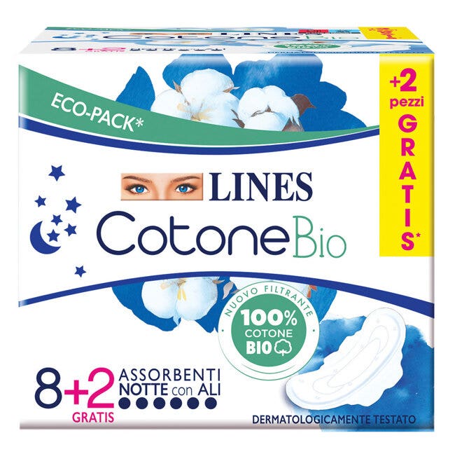 Lines Algodón Orgánico 10 Compresas Nocturnas con Alas