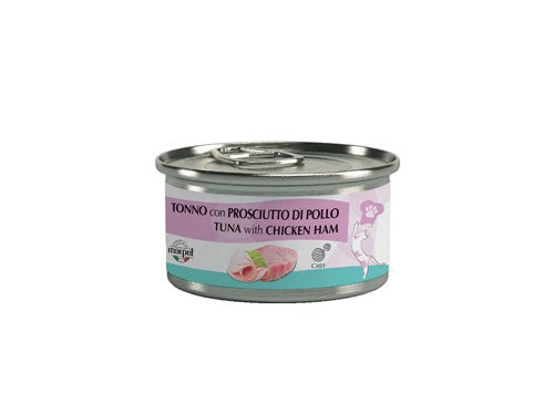 Marpet Chef Atún con jamón de pollo, comida húmeda para gatos adultos, lata de 80 g