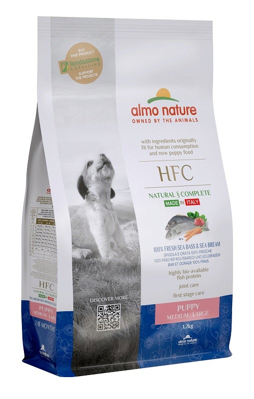 Almo Nature HFC Puppy Lubina y Dorada para cachorros de razas medianas y grandes, saco de 1,2 kg