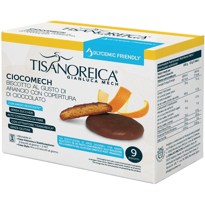 Tisanoreica Ciocomech Galletas de naranja aptas para dietas hipoglucémicas, 9 x 13 g