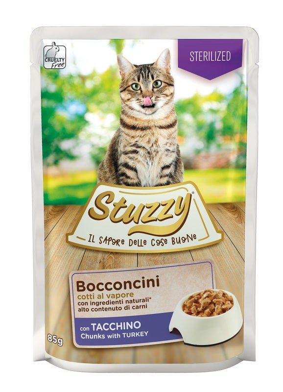 Stuzzy Sterilized Bocaditos con pavo para gatos adultos, sobre de 85 g