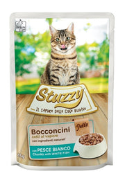 Stuzzy Bocaditos de gelatina con pescado blanco para gatos adultos, sobre de 85 g