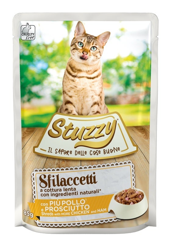 Stuzzy Tiras con más pollo/jamón, comida húmeda para gatos adultos, sobre de 85 g