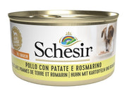 Schesir Pollo con patatas y romero, comida húmeda para perros adultos, lata de 85 g