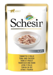 Schesir Atún y Pollo en Gelatina, Comida Húmeda para Gatos Adultos, Sobres de 85 g
