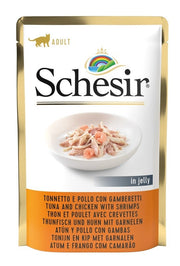 Schesir Atún y Pollo con Gambas en Gelatina, Comida Húmeda para Gatos Adultos, Sobres de 85 g