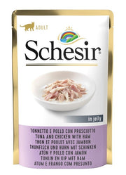 Schesir Atún y Pollo con Jamón en Gelatina, Comida Húmeda para Gatos Adultos, Sobres de 85 g