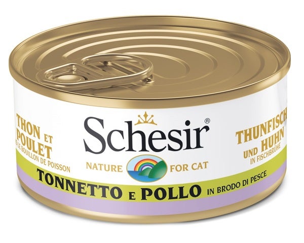 Schesir Atún y Pollo en Caldo de Pescado Comida Húmeda para Gatos Adultos Lata 70g-1
