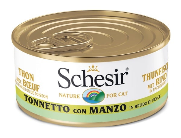 Schesir Atún con Carne de Vacuno en Caldo de Pescado Comida Húmeda para Gatos Adultos Lata 70g-1