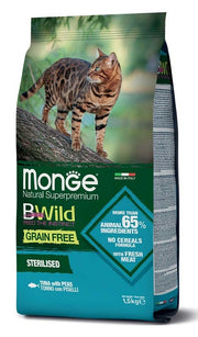 Monge B Wild Grain Free Sterilised con atún y guisantes, pienso seco para gatos esterilizados, saco de 1,5 kg