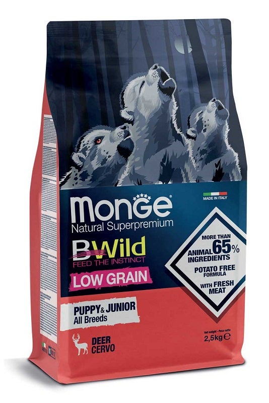 Monge B Wild Low Grain All Breeds con venado, pienso seco para cachorros, saco de 2,5 kg