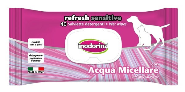 Inodorina Refresh Toallitas Limpiadoras Sensibles con Agua Micelar para Perros/Gatos 40 Toallitas-1