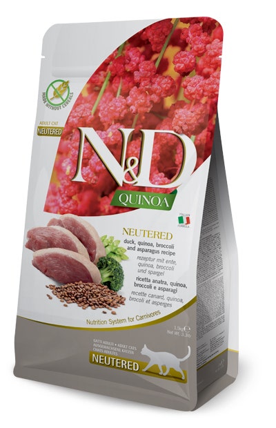 Farmina Natural & Delicious Quinoa Neutered Pato, Brócoli y Espárragos Sin Cereales para Gatos Adultos 300 g