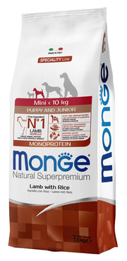 Monge Natural Superpremium Mini Monoprotein Cordero con Arroz Seco para Perros Cachorros de Tamaño Mini, Saco de 7,5 kg