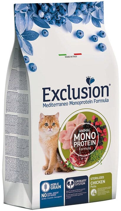 Exclusion Mediterraneo Monoprotein Noble Grain Sterilized Pienso seco de pollo para gatos adultos 300 g