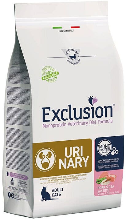 Exclusion Monoprotein Veterinary Diet Urinary Cerdo, Guisantes y Arroz para Gatos, Bolsa de 300 g