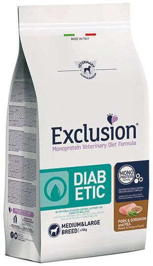 Exclusion Monoprotein Veterinary Diet Formula Diabetic: croquetas para perros de tamaño mediano con carne de cerdo, sorgo y guisantes, 12 kg