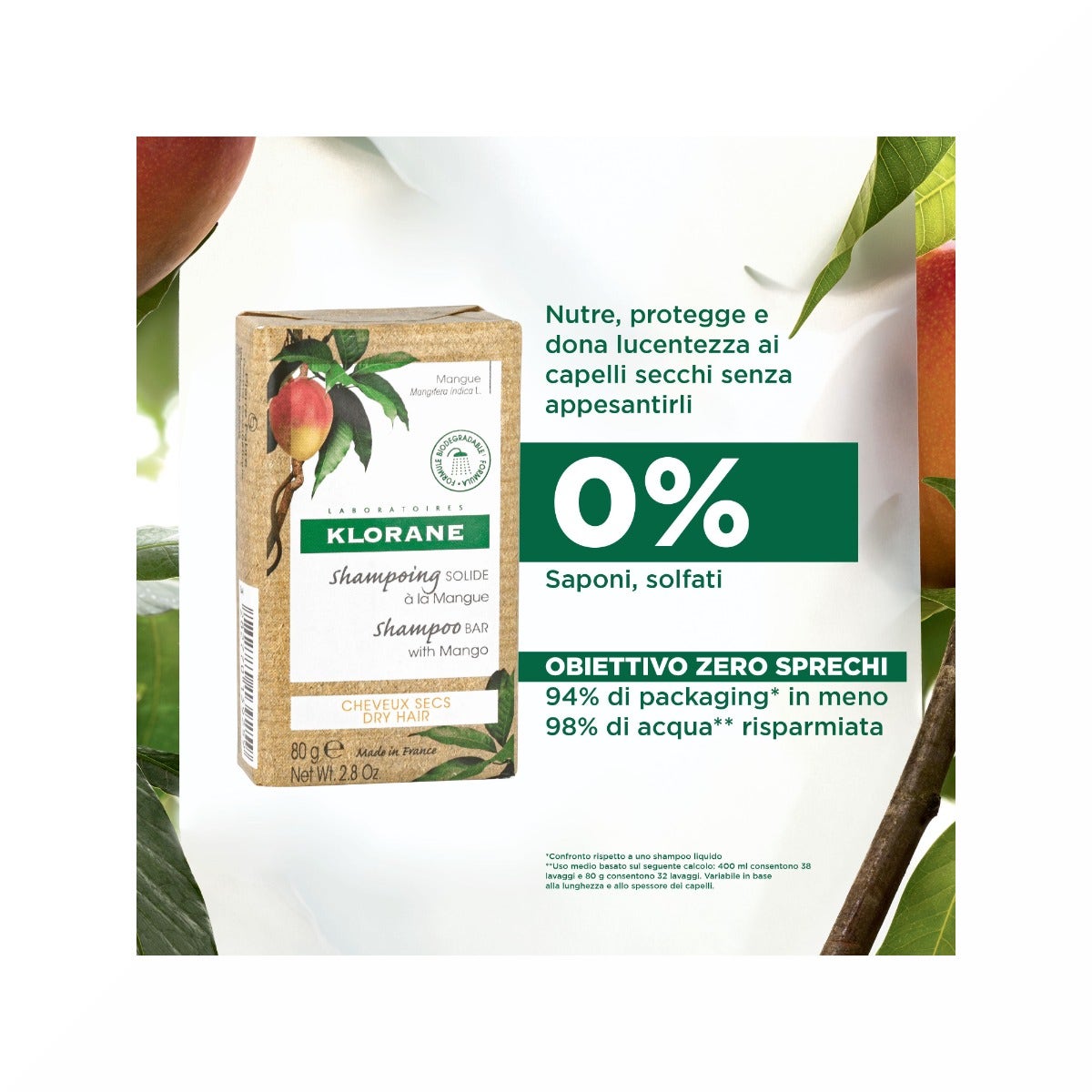 Klorane Shampoo Solido Mango Capelli Secchi 80g