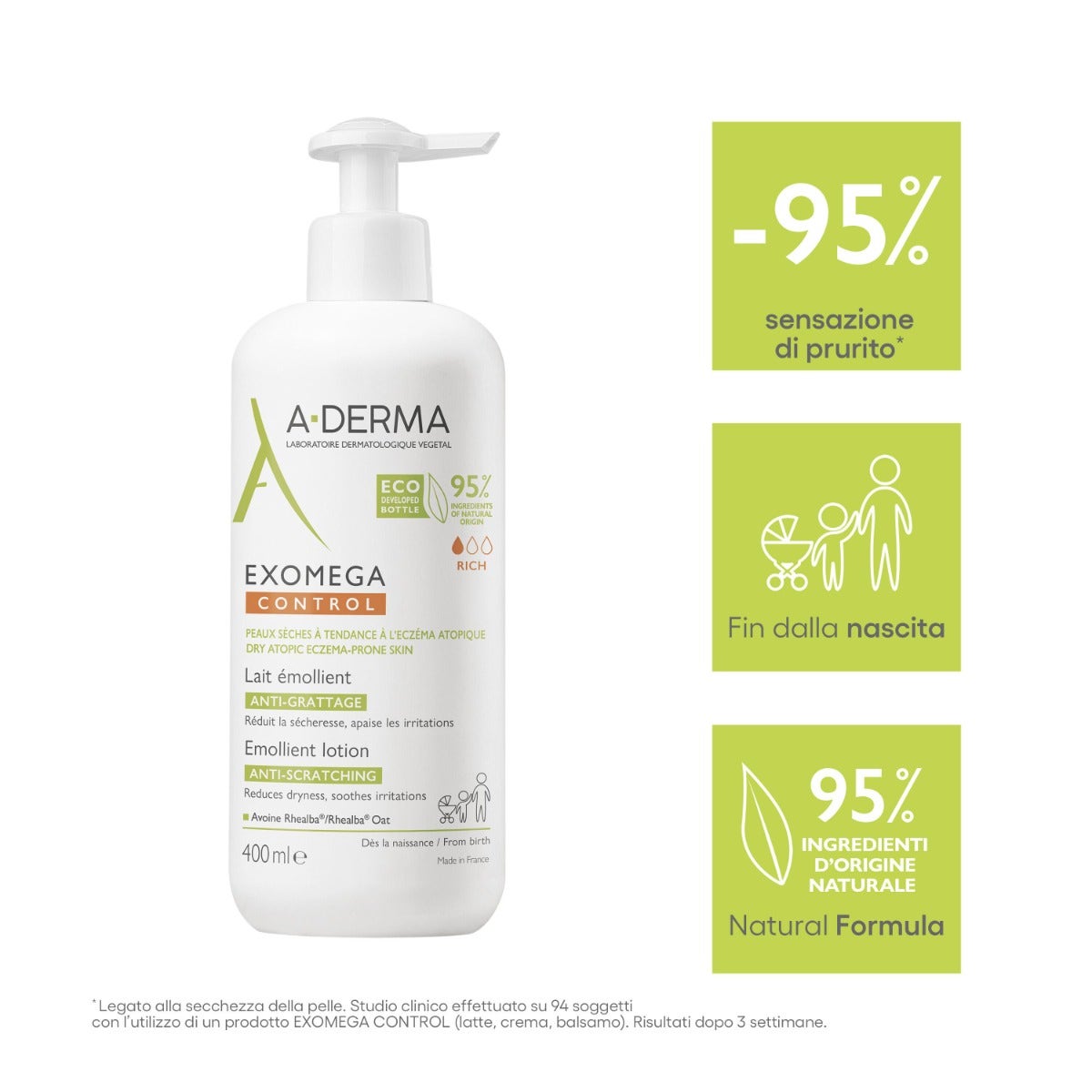 A-Derma Exomega Control, leche emoliente para piel seca y atópica, 400 ml