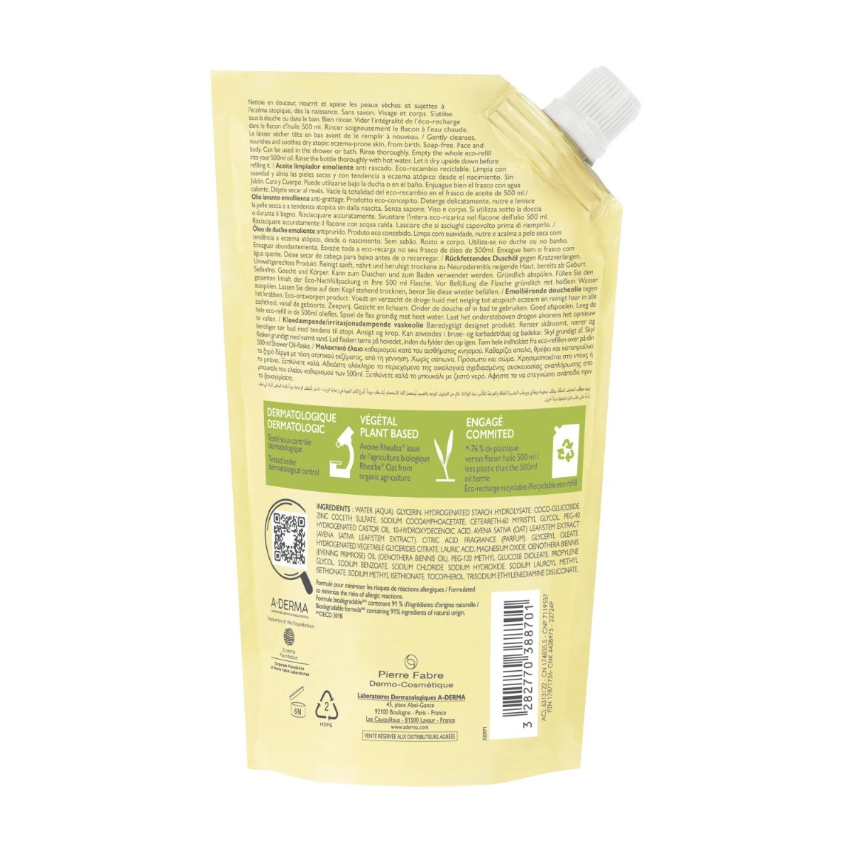 A-Derma Exomega Control Aceite Limpiador Emoliente Recambio 500 ml