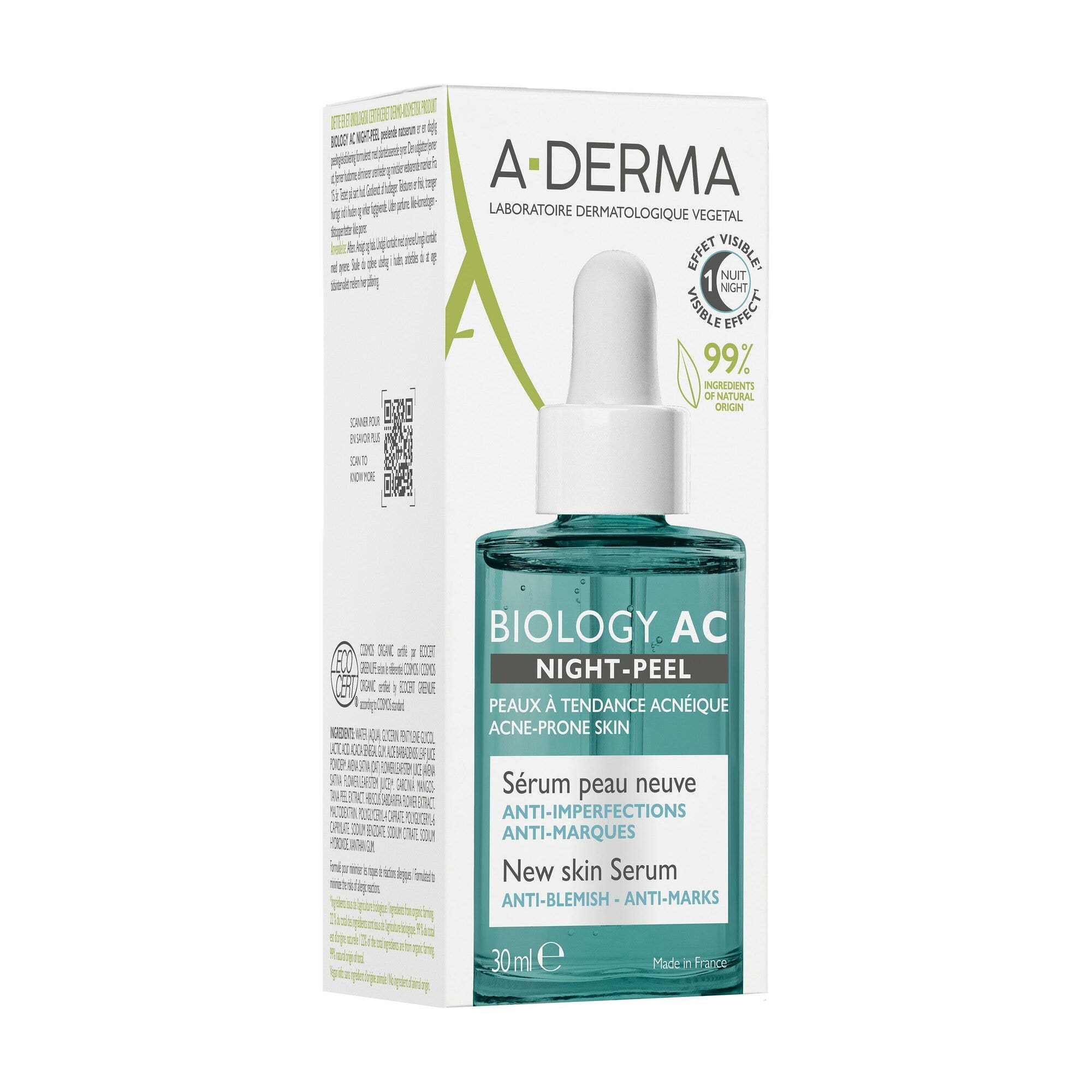 A-Derma Biology Ac Night-Peel: suero antiimperfecciones y anti-marcas residuales, 30 ml